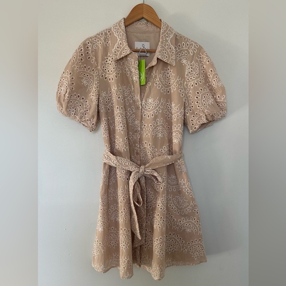 Sam Edelman Belted  Puff Sleeve Eyelet Mini Shirtdress - Picture 5 of 11